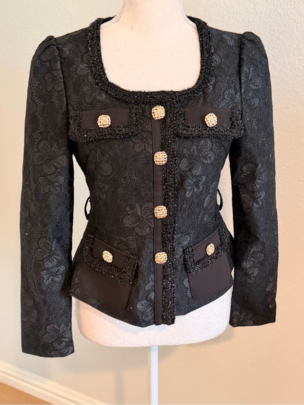 Black Textured Floral Jacket Blazer with Gold Buttons